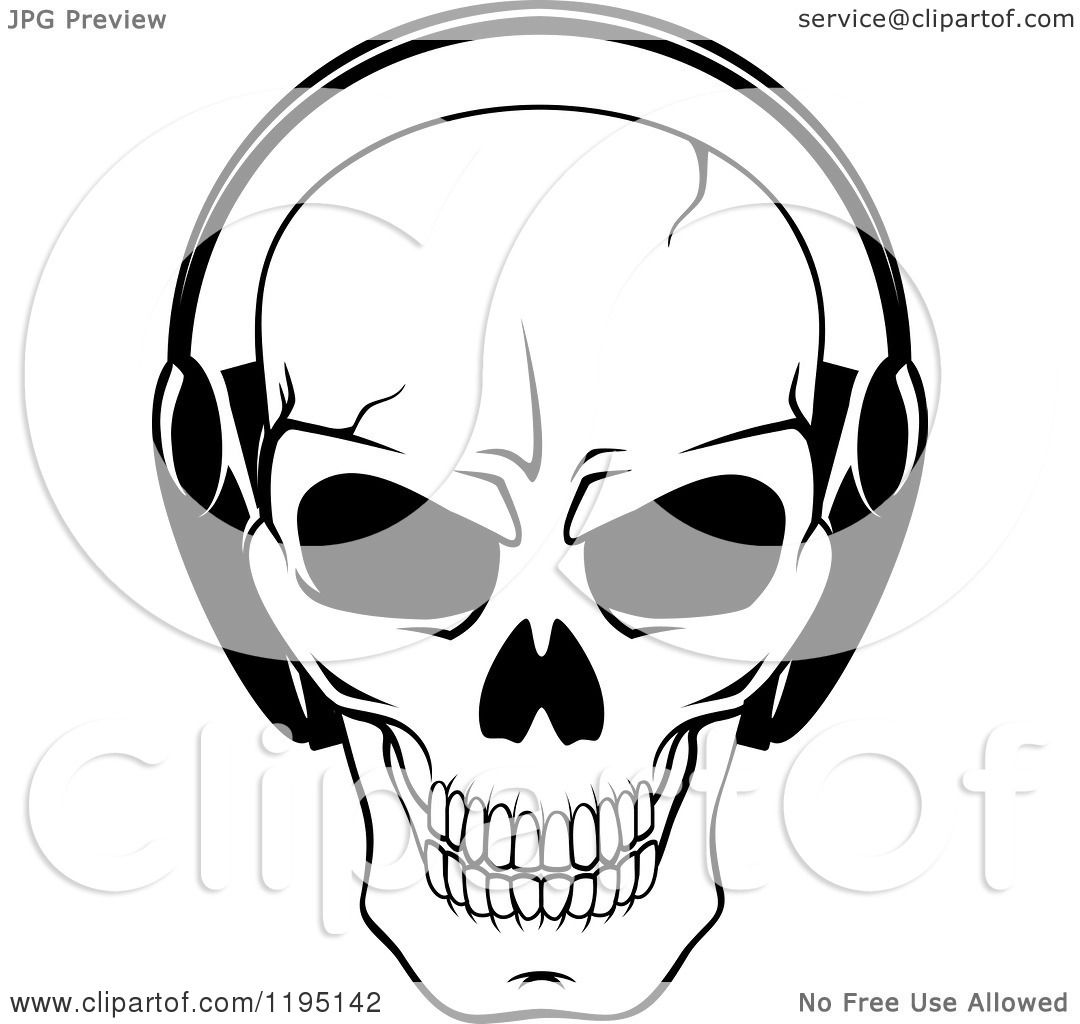 1080x1024 Clipart Of A Black And White Cracked Skull Wearing Headphones