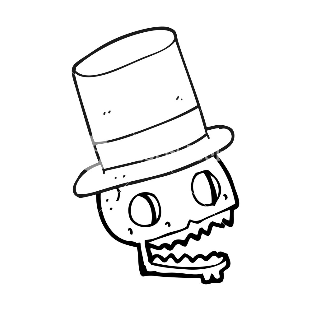 1000x1000 Freehand Drawn Black And White Cartoon Laughing Skull In Top Hat