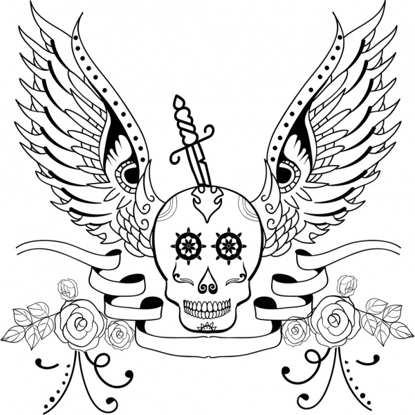 600x599 Tattoo Icon Sketch Skull Wings Sword Decoration Free Vector