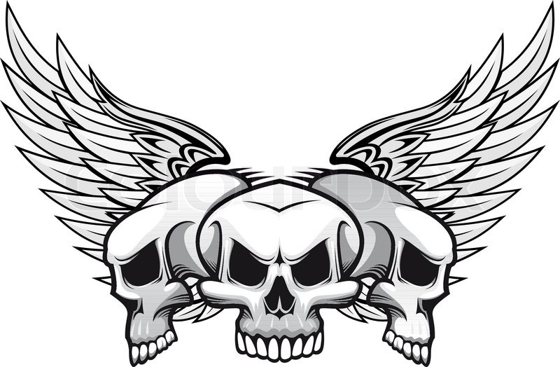 800x524 Three Danger Skulls With Wings For Tattoo Or Mascot Design Stock