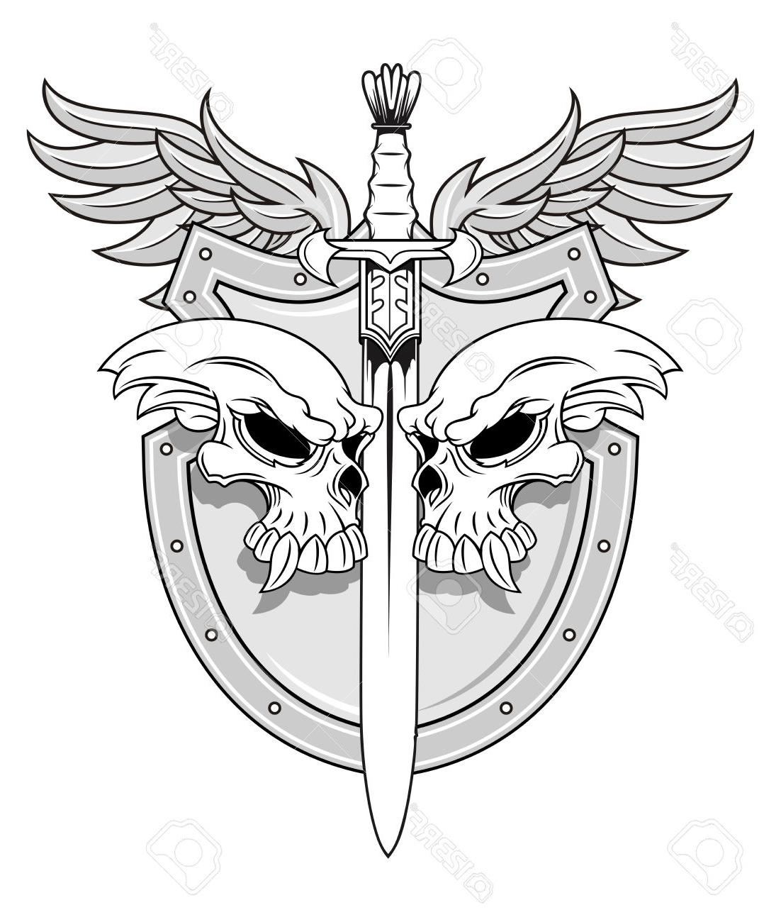 1102x1300 Unique Skull With Sword And Shield Also Wings Stock Vector Tattoo