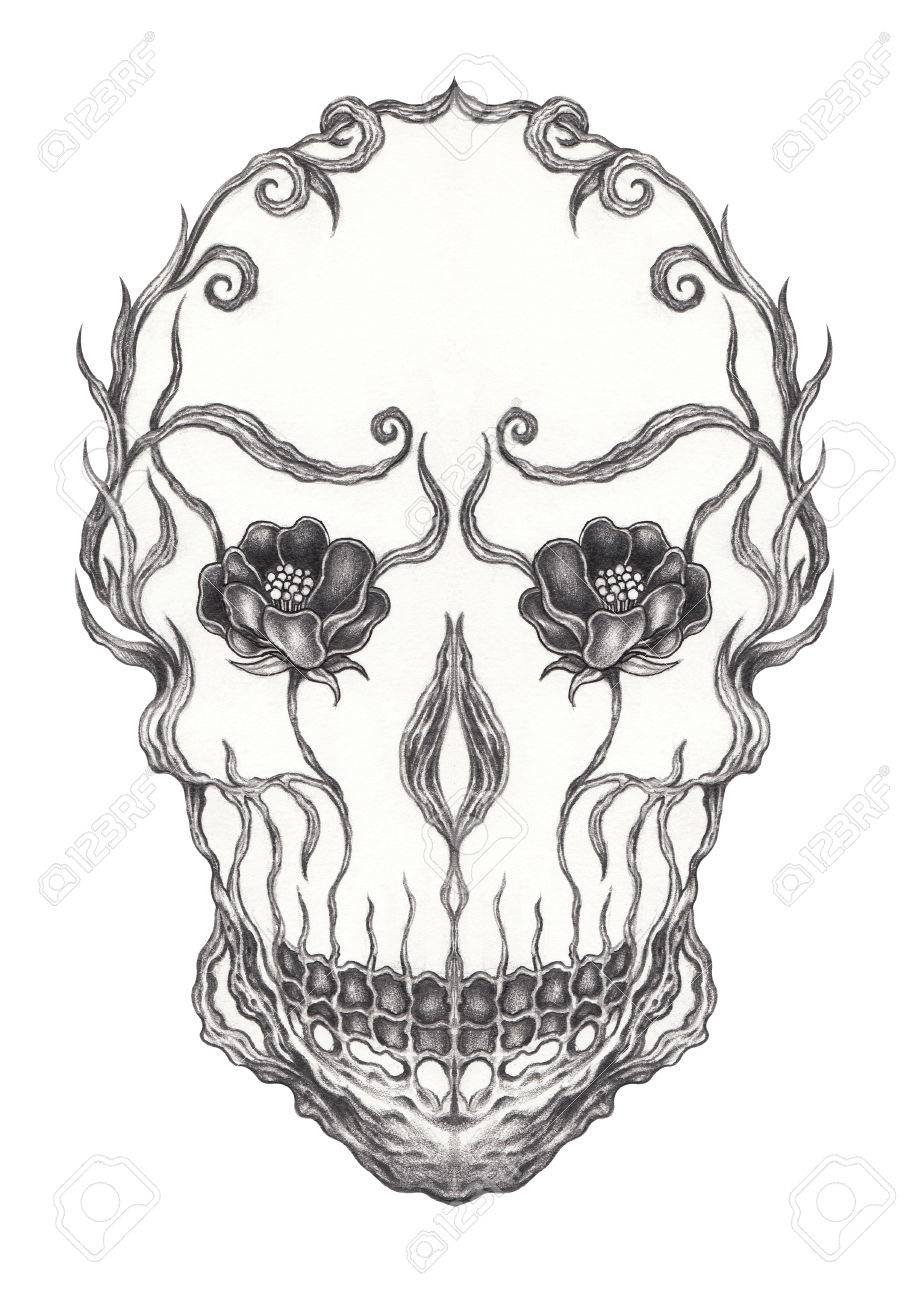 907x1300 Art Surreal Skull.hand Pencil Drawing On Paper. Stock Photo