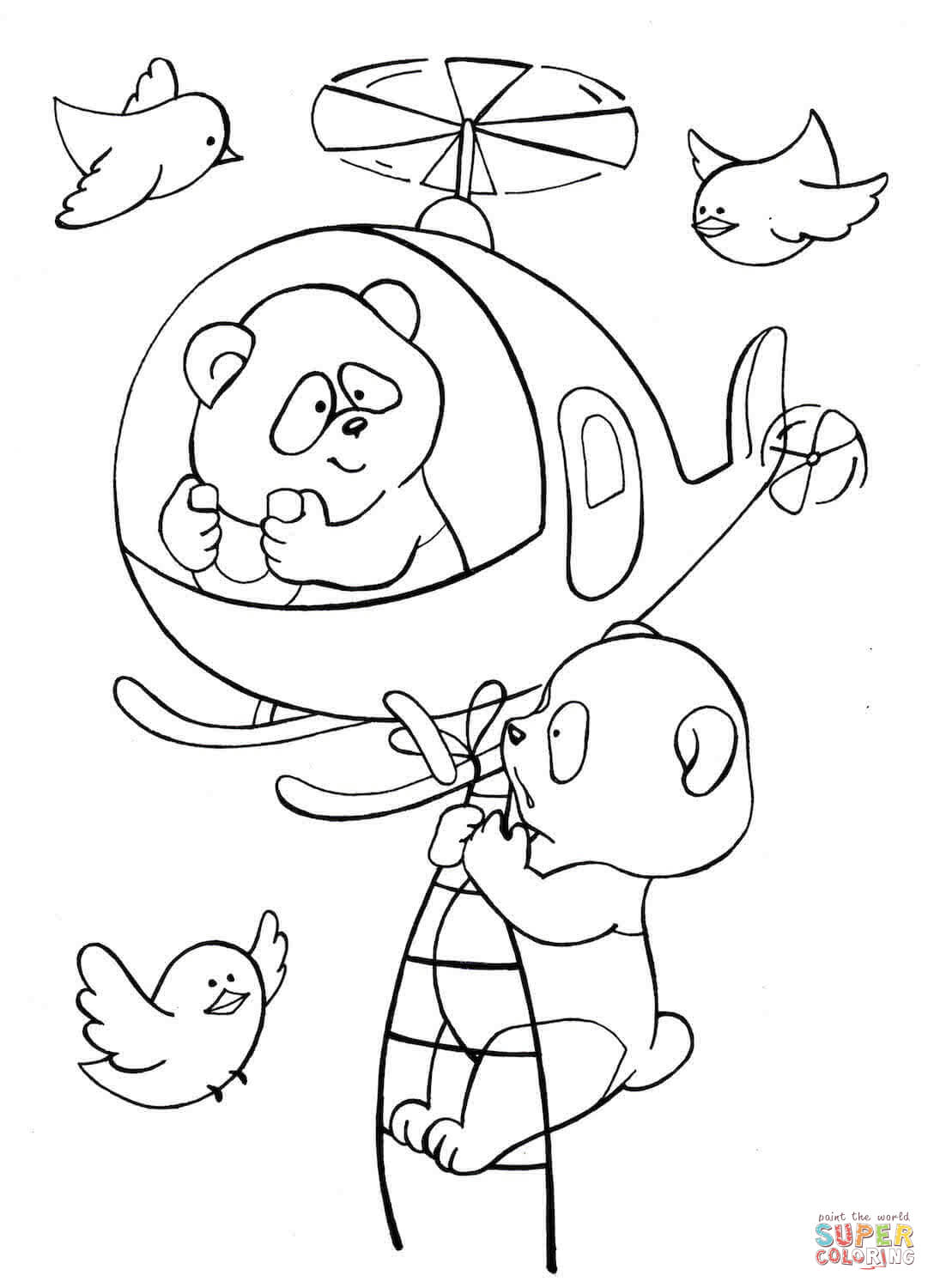 1088x1500 Two Pandas Fly A Helicopter With Birds In The Sky Coloring Page