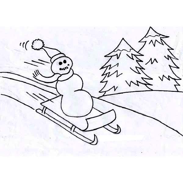 600x600 Freeky Mr Snowman Playing Winter Season Sled Coloring Page