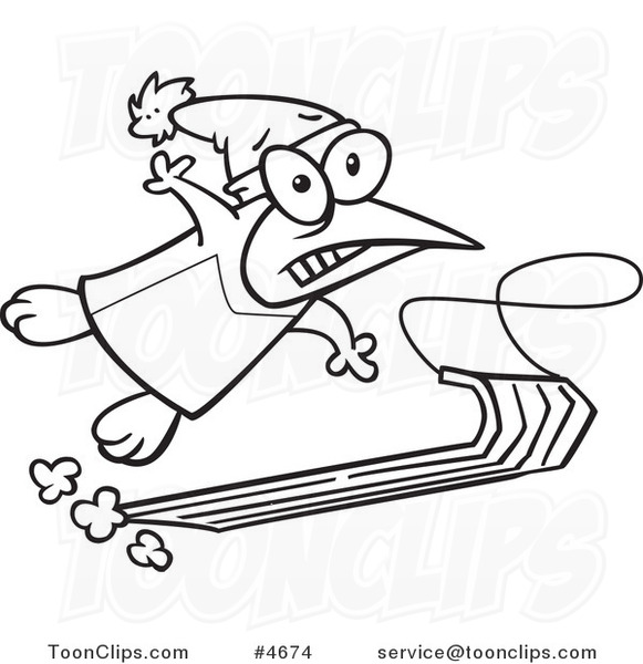 581x600 Cartoon Black And White Line Drawing Of A Sledding Penguin