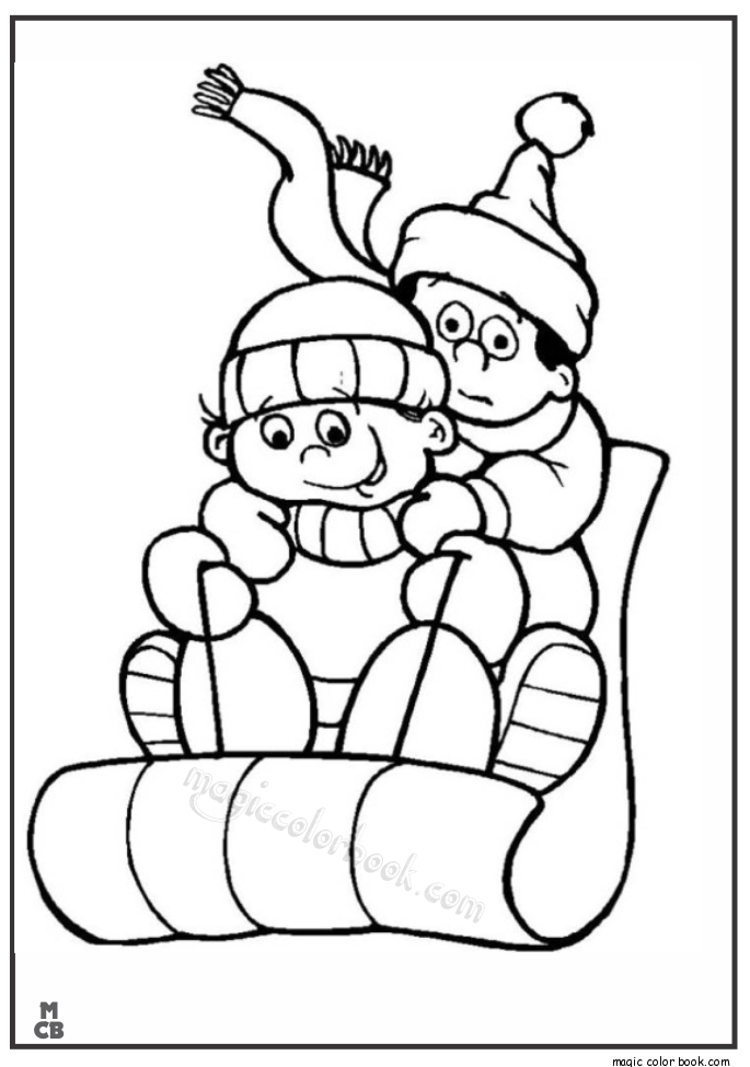685x975 Kid Sledding Snow Winter Coloring Page