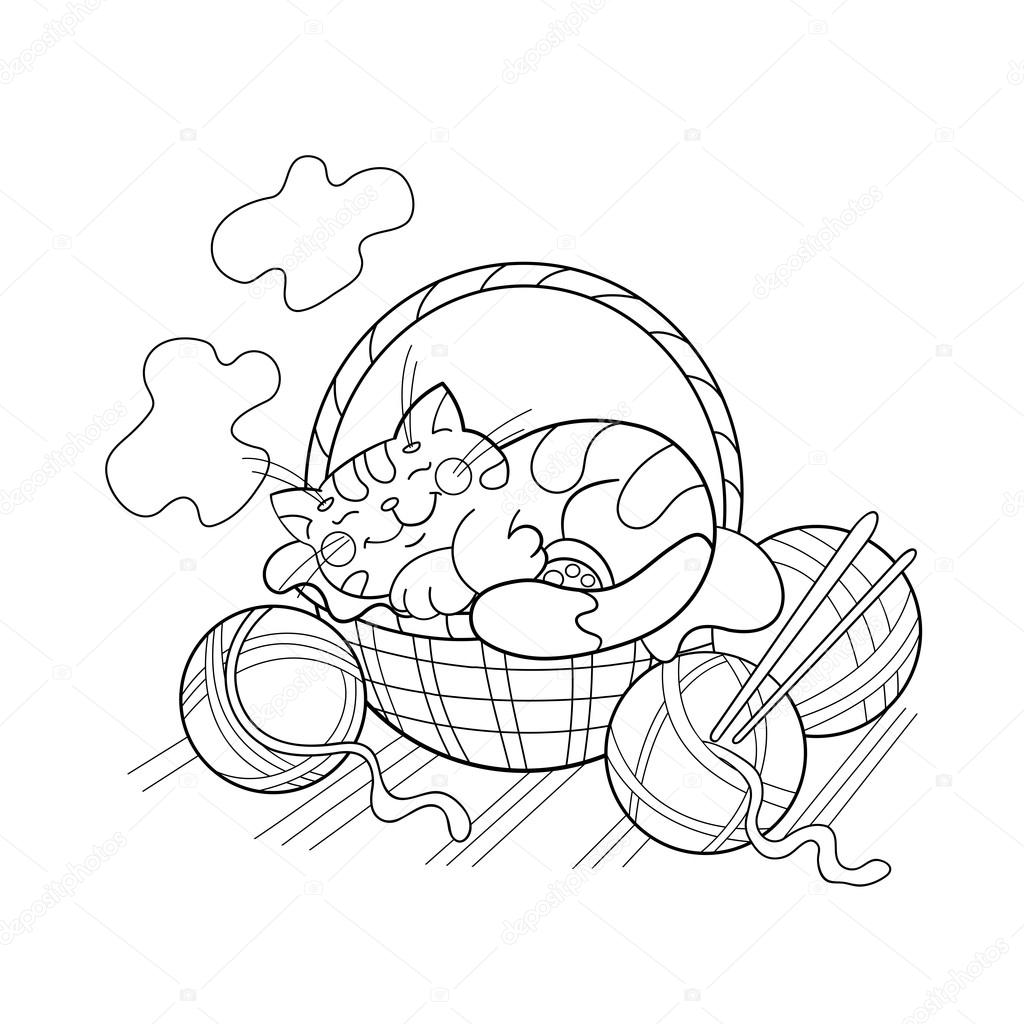 1024x1024 Coloring Page Outline Of A Cute Cat Sleeping In A Basket Stock