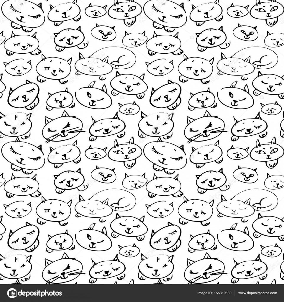 963x1024 Seamless Pattern With Sleeping Cats. Sketch Vector Illustration