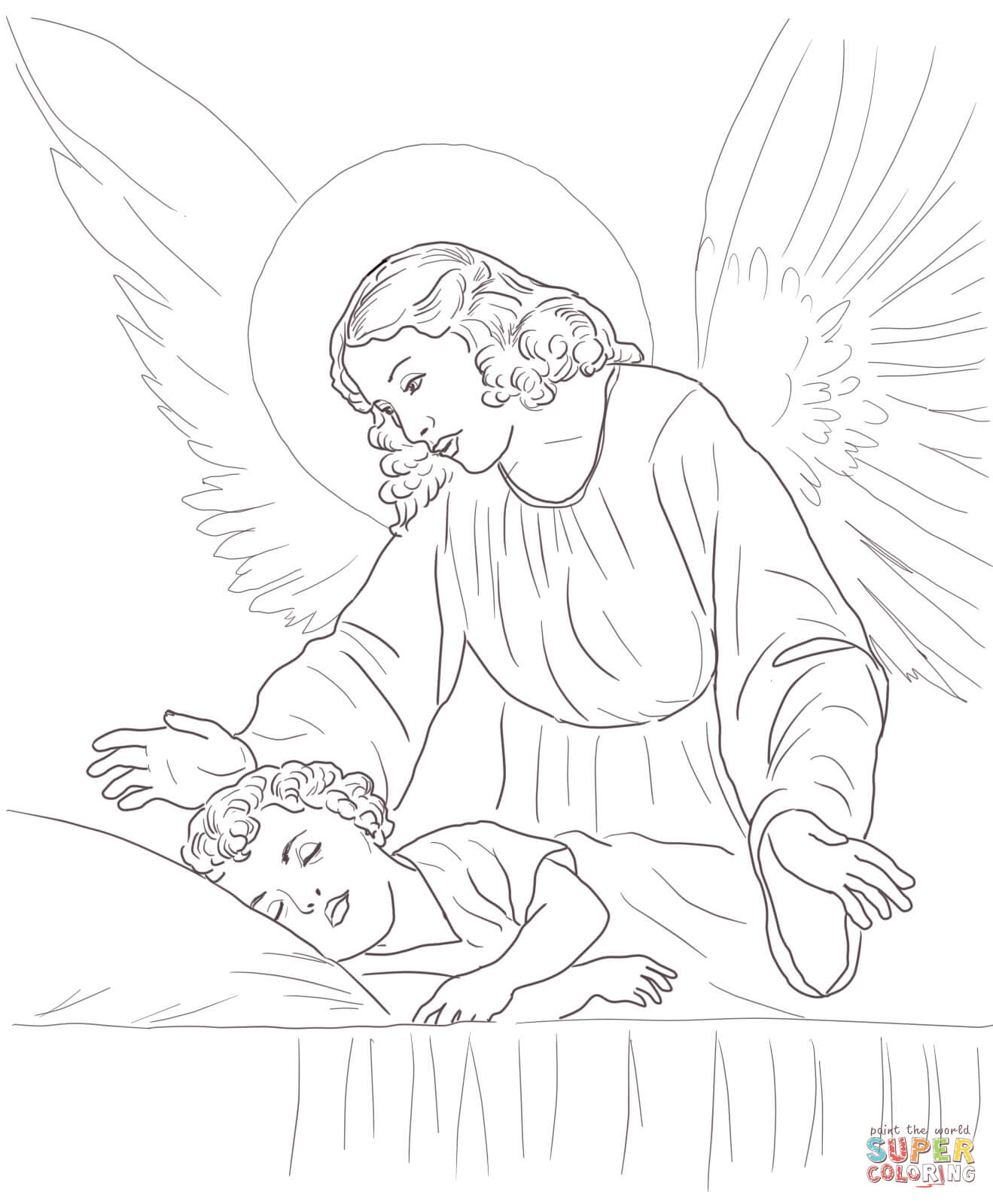 1319x1600 Guardian Angel Over Sleeping Child Coloring Page Free Printable