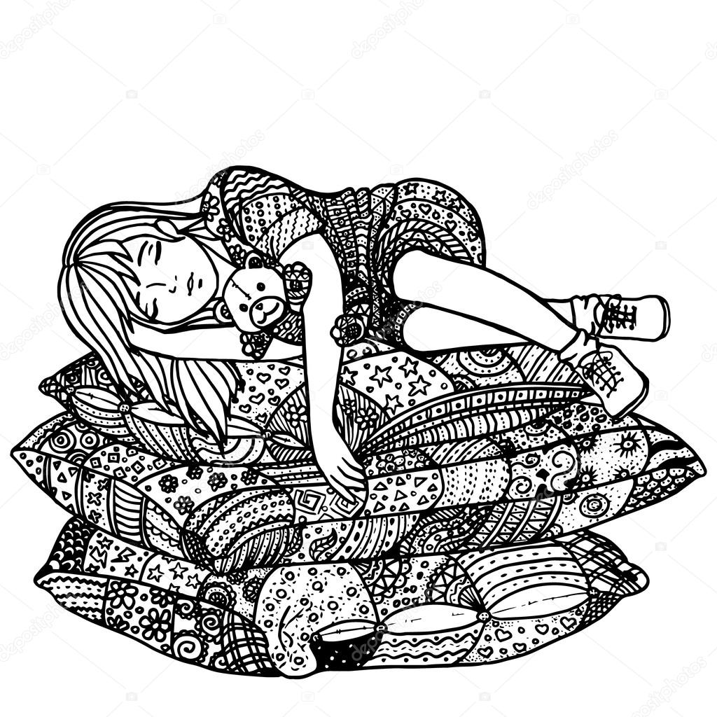 1024x1024 Sleeping Girl On Pillows Stock Vector