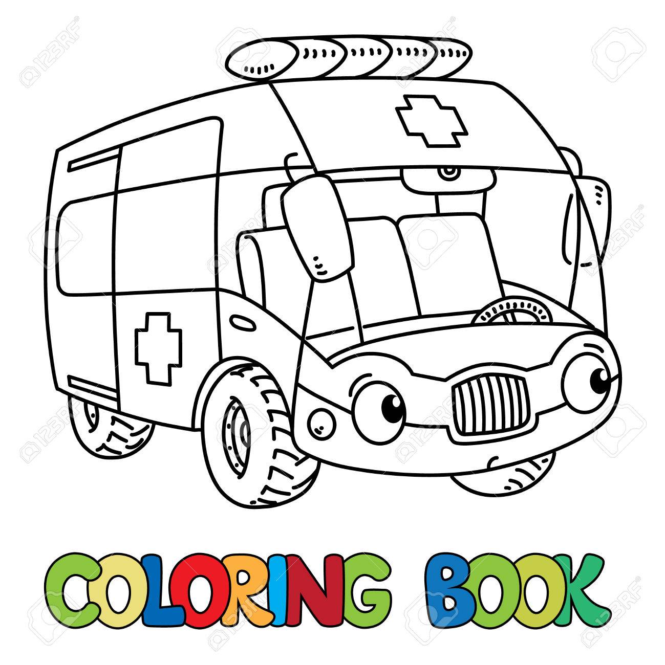 1299x1300 Funny Small Ambulance Car With Eyes. Coloring Book Stock Photo