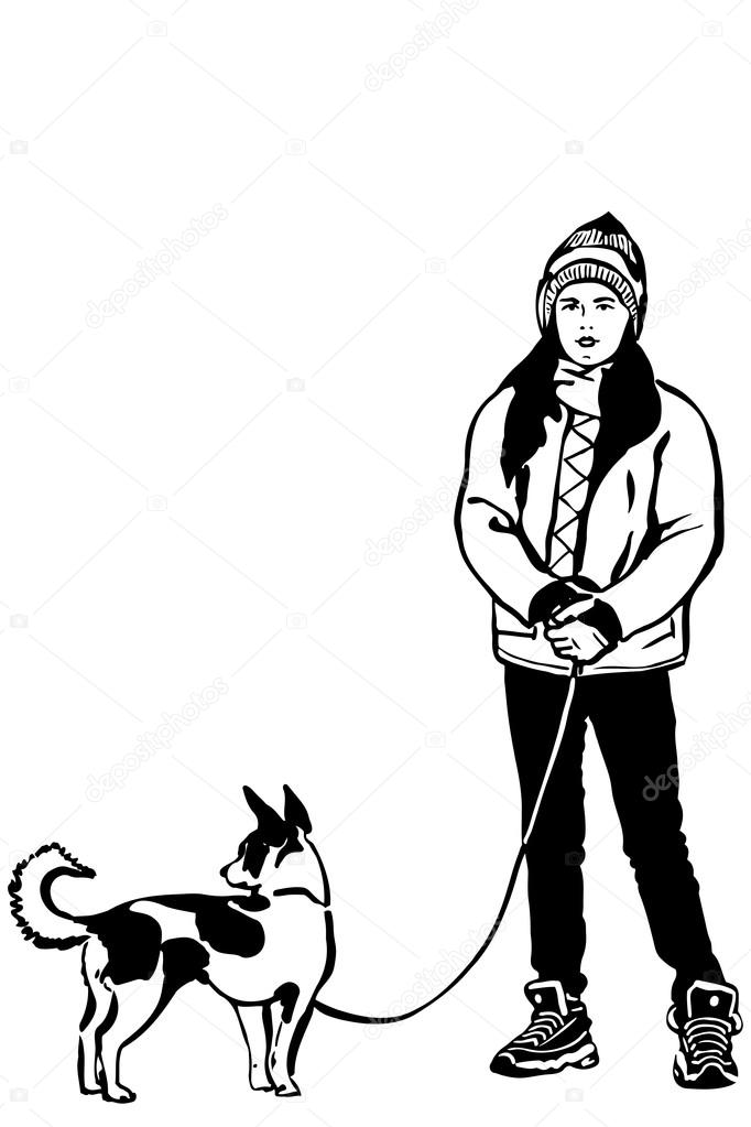 682x1023 Vector Sketch Of A Girl In A Jacket With A Small Dog Onleashp