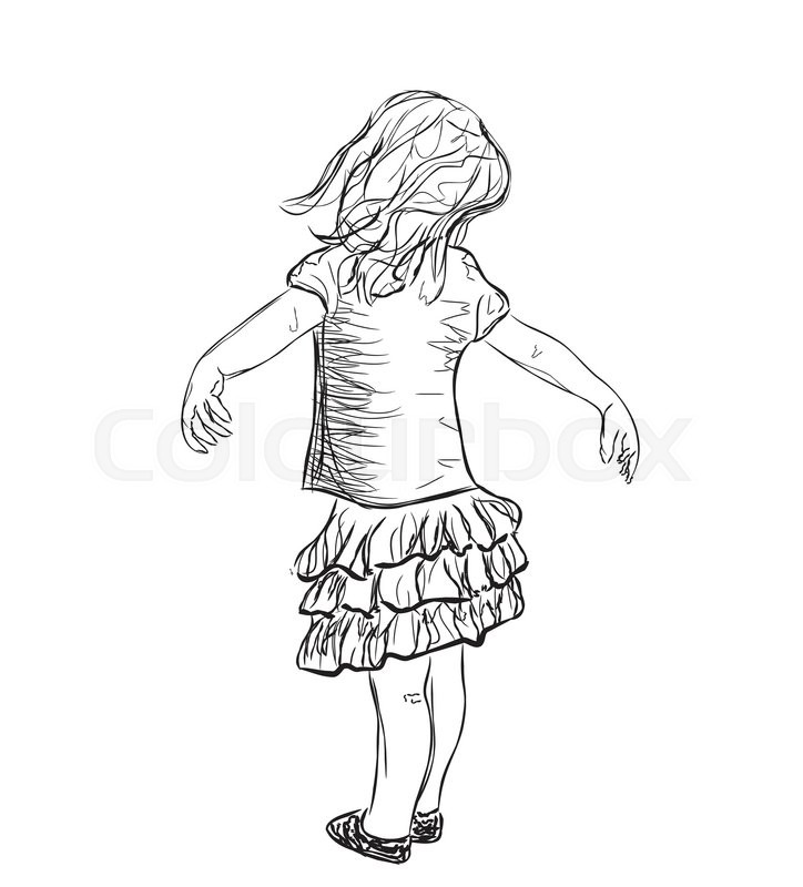 724x800 Small Girl In A Dress. Baby Standing Sketch. Stock Vector