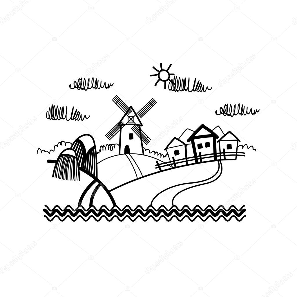 1024x1024 Small Village View Sketch Simple Line Stock Vector Mast3r