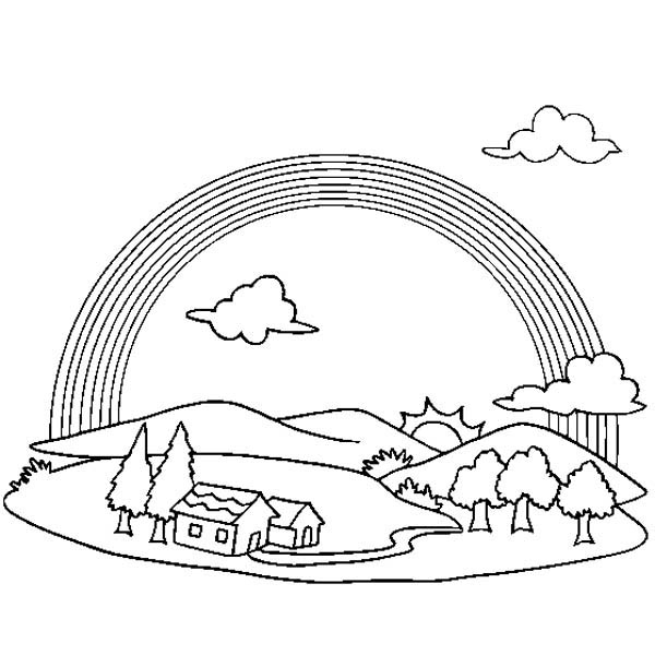 600x600 A Wonderful View Of Rainbow Over A Small Village Coloring Page