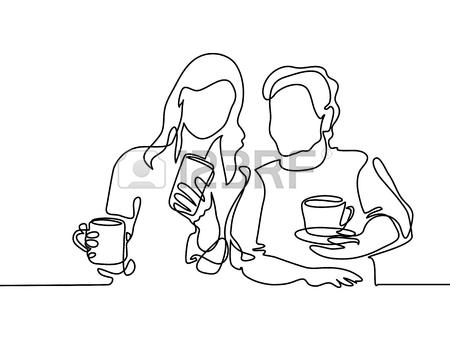 450x338 Continuous Line Drawing. Young Woman Showing Smartphone To Her