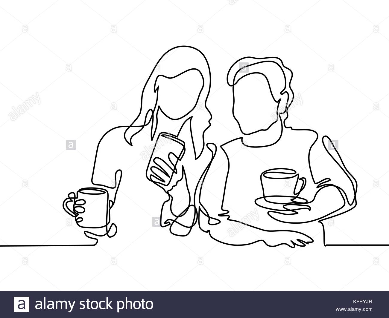 1300x1065 Continuous Line Drawing. Young Woman Showing Smartphone To Her Old