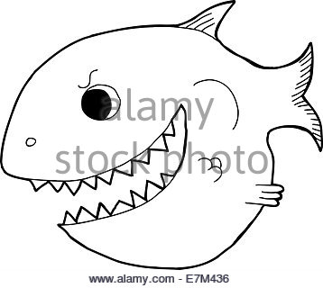 358x320 Black Outline Smiling Cartoon Fish With Big Teeth Stock Photo