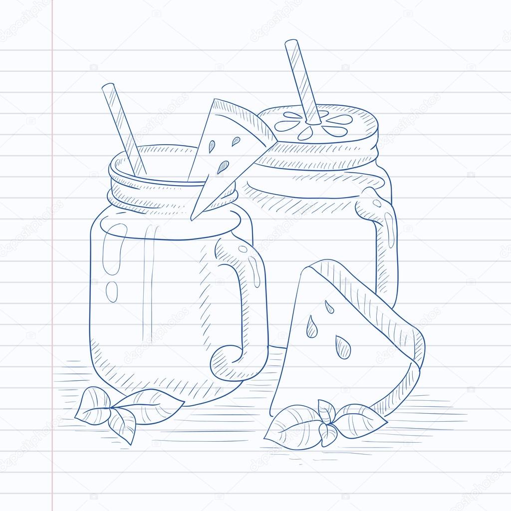 1024x1024 Watermelon Smoothie In Mason Jar. Stock Vector Rastudio