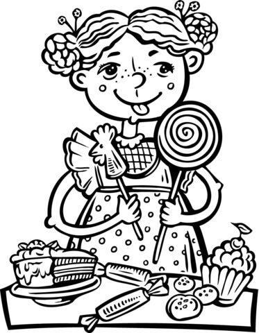 373x480 Girl Eating A Lot Of Candy And Snacks Coloring Page Free
