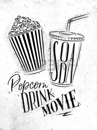 337x450 Poster Cinema Snacks Lettering Popcorn, Drink, Movie In Vintage