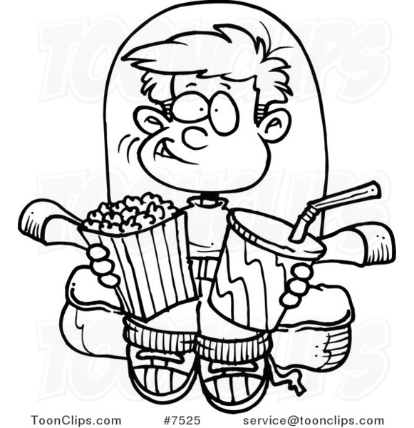 581x600 Cartoon Black And White Line Drawing Of A Boy With Movie Snacks