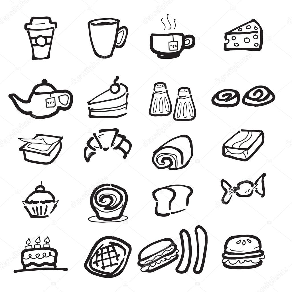 1024x1024 Coffee Break And Snacks Drawing Icons Set Stock Vector Tawesit