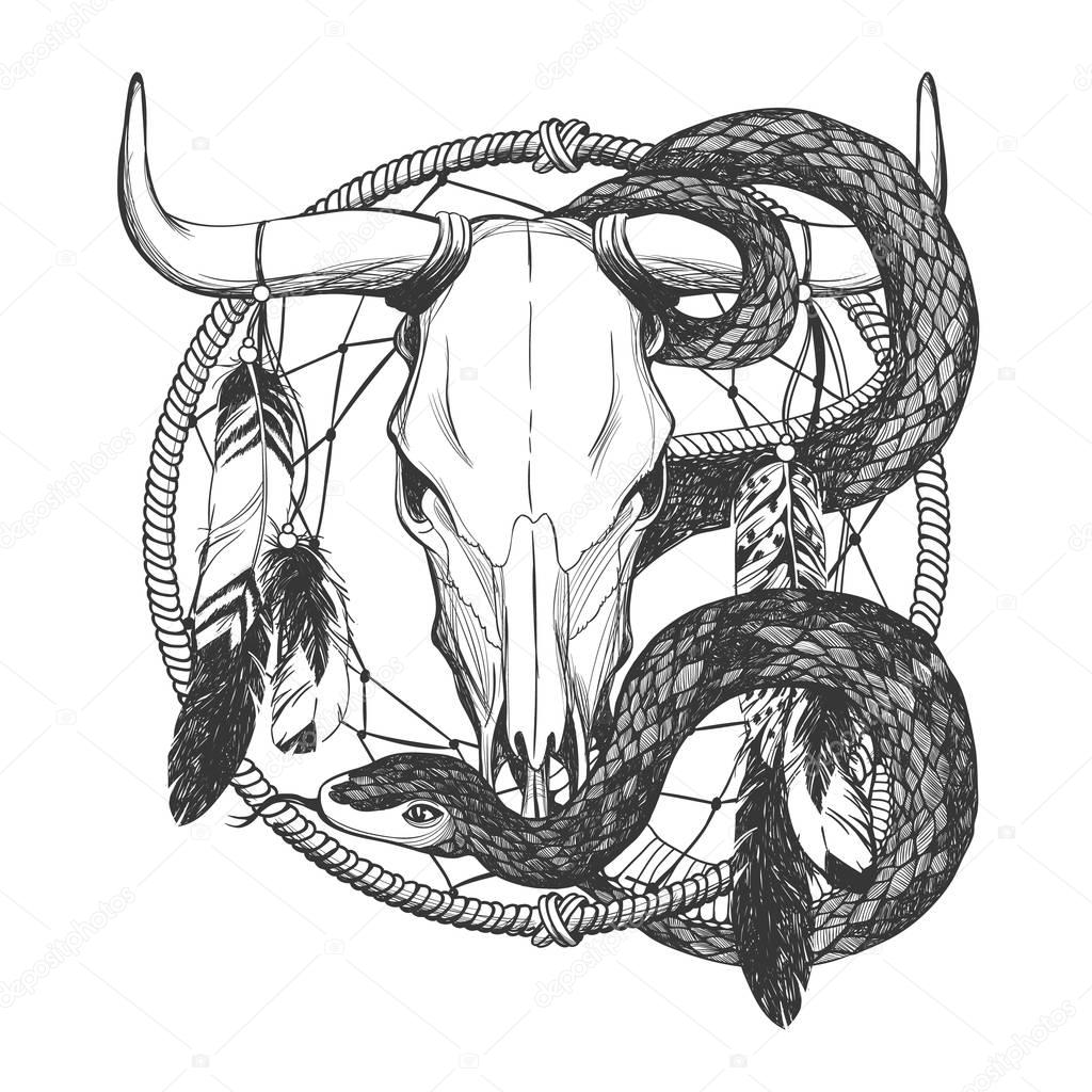 1024x1024 Bull Skull With Feathers, Snake And Dreamcatcher. Stock Vector
