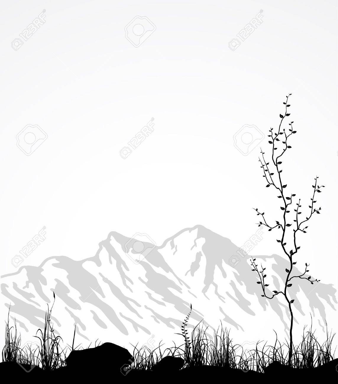 1143x1300 Landscape With Mountain Range, Glass And Tree. Vector Illustration