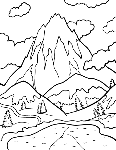 392x507 Printable Mountain Coloring Page. Free Pdf Download