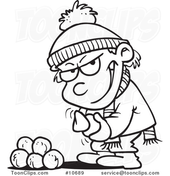 581x600 Cartoon Black And White Line Drawing Of A Boy Gathering Snowballs