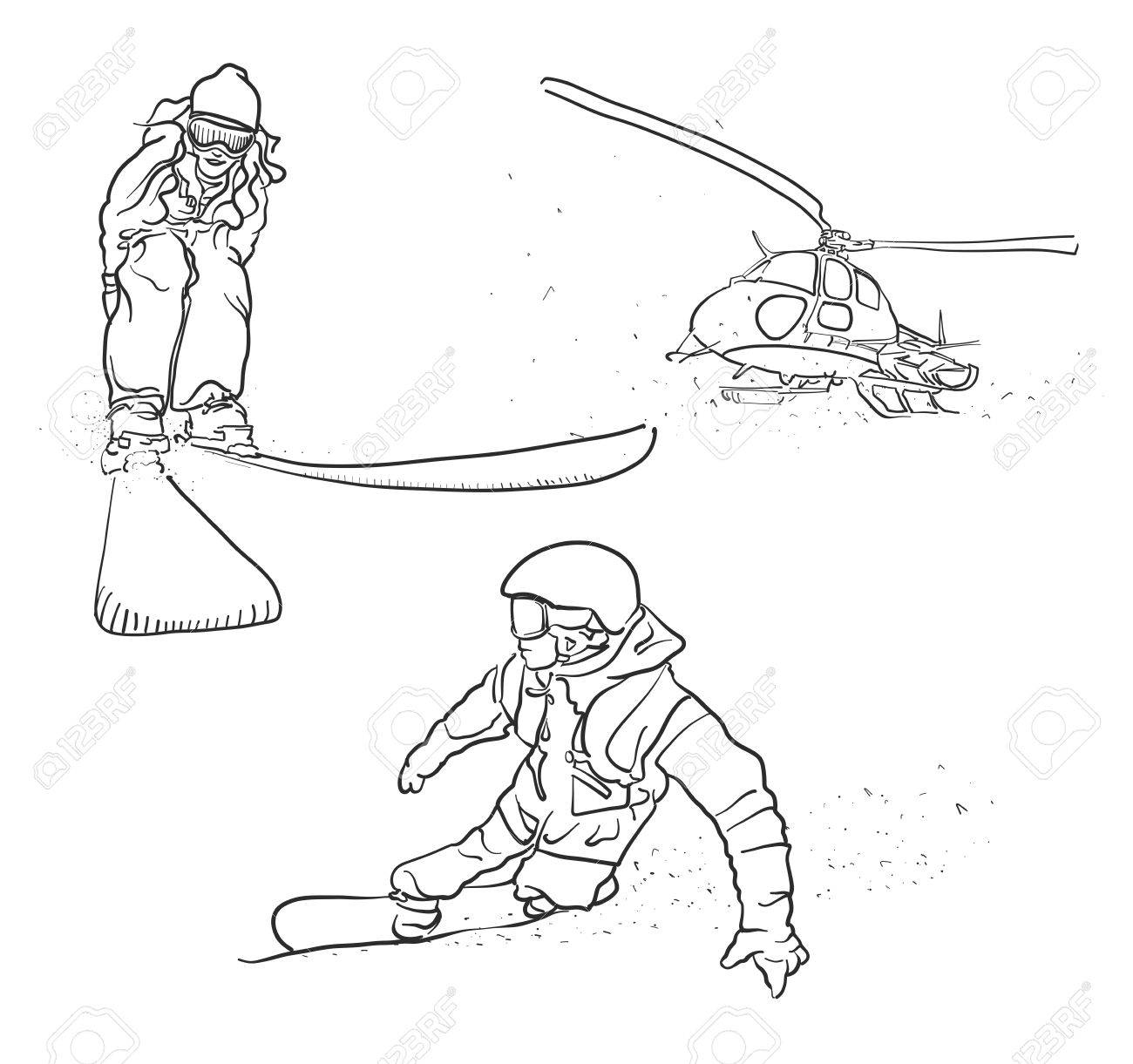 1300x1221 Skiing, Snowboarding And Helicopter Doodle Sketches, Hand Drawn