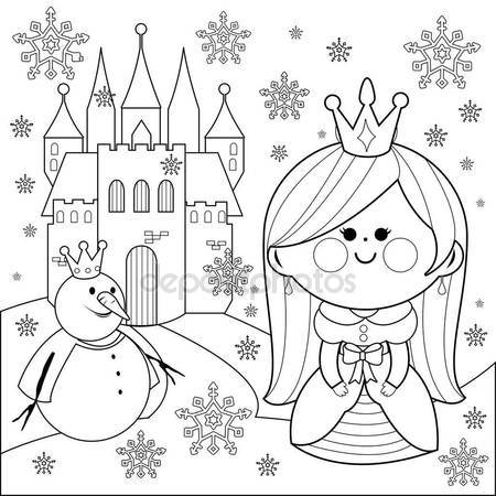 450x450 Princess In The Snow With A Castle And A Snowman. Coloring Book