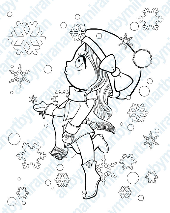570x713 Christmas Digital Stamp, Winter Coloring Page, Snowflake And Girl