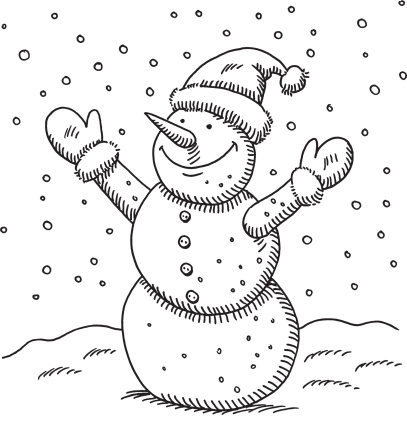 407x421 Hand Drawn Vector Drawing Of A Happy Snowman. Black And White