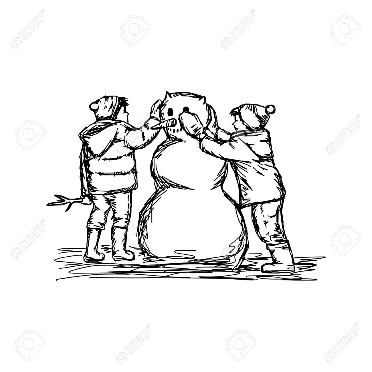 1300x1300 Two Boys Building A Snowman Vector Illustration Sketch Hand Drawn