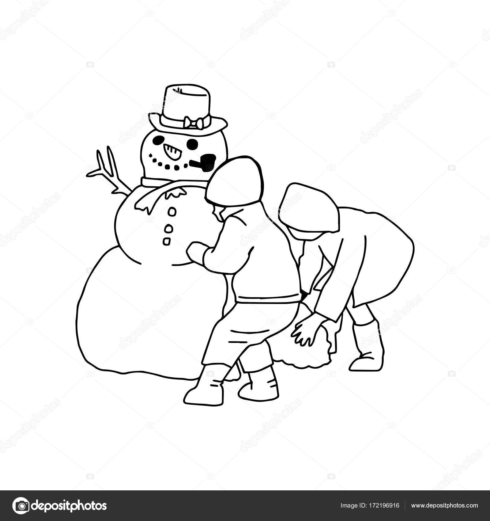 1600x1700 Two Boys Building A Snowman Vector Illustration Drawing With Black