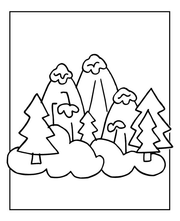 600x738 Snowy Winter Mountain Illustration Coloring Page