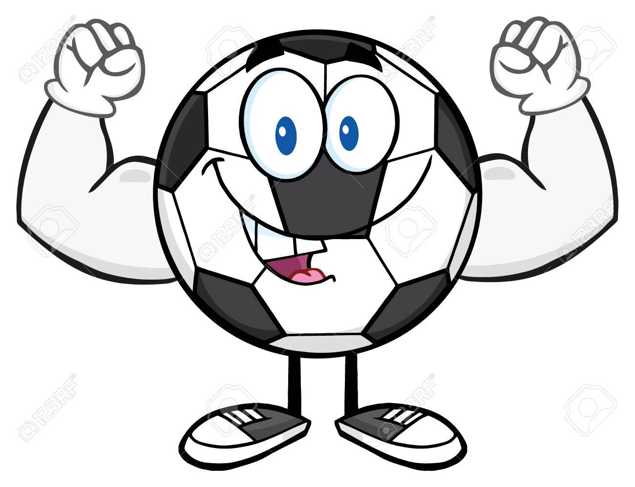 1300x998 Happy Soccer Ball Cartoon Mascot Character Flexing Stock Photo