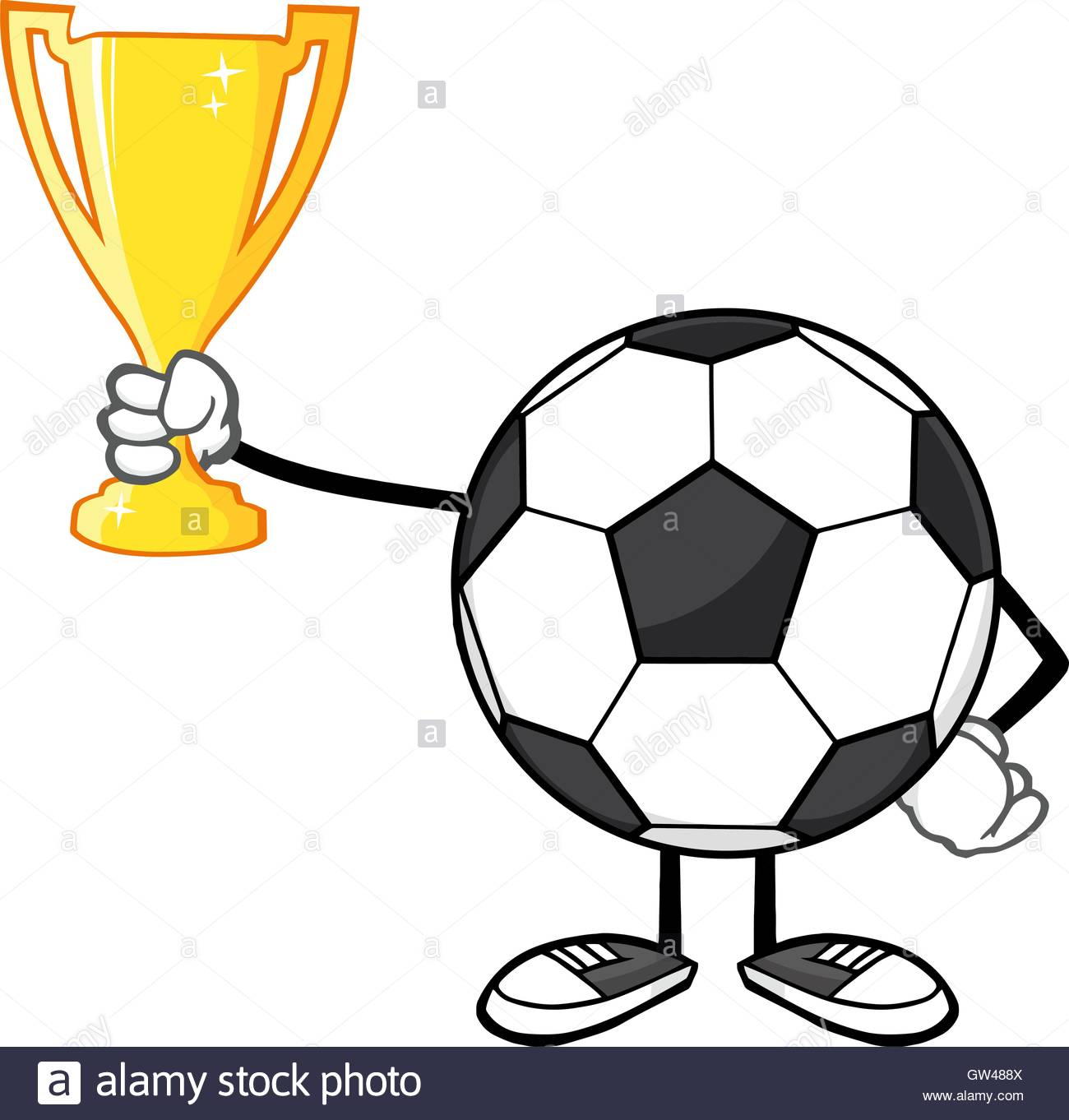1300x1362 Soccer Ball Cartoon Character Holding A Golden Trophy Cup Stock