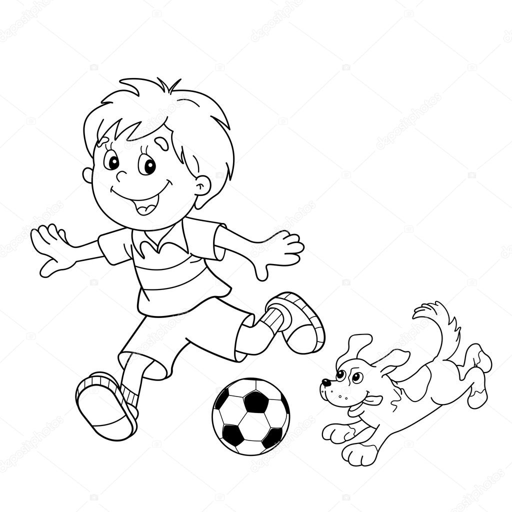 1024x1024 Coloring Page Outline Of Cartoon Boy With Soccer Ball With Dog