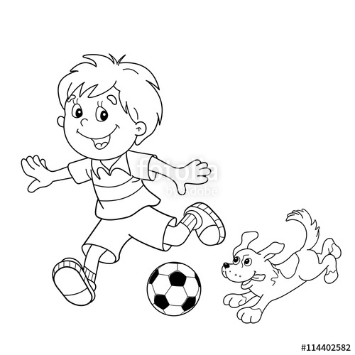 500x500 Coloring Page Outline Of Cartoon Boy With Soccer Ball With Dog