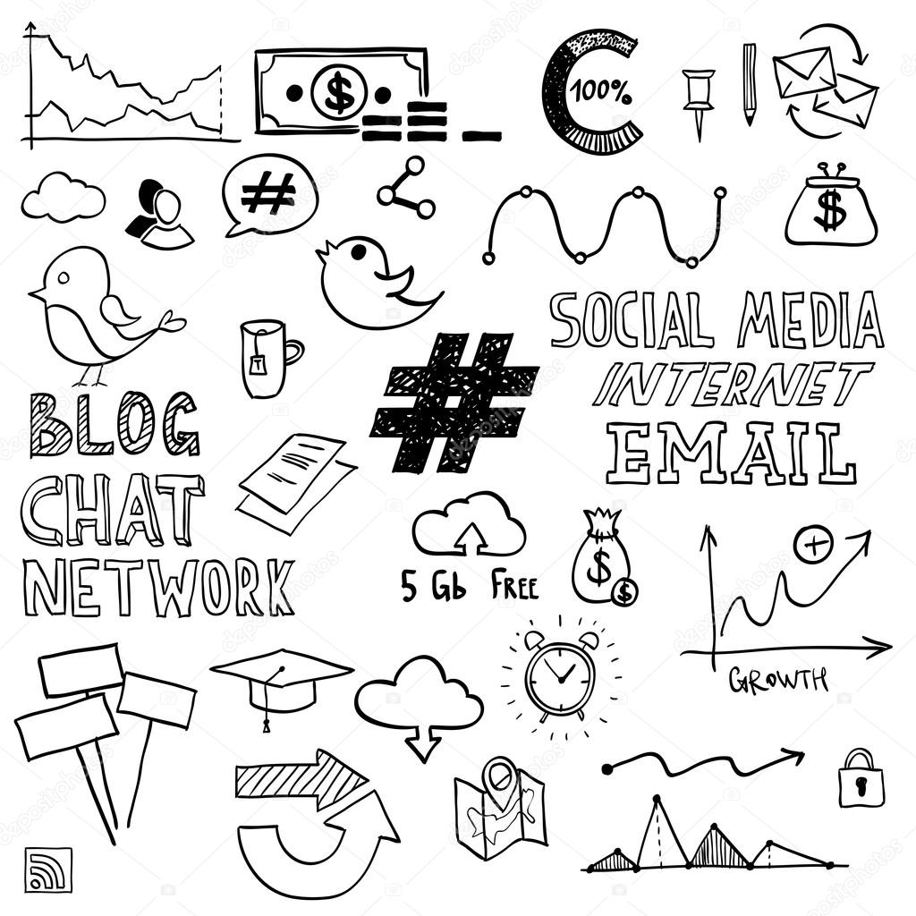 1024x1024 Hand Draw Social Media Sign And Symbol Doodles Elements. Concept