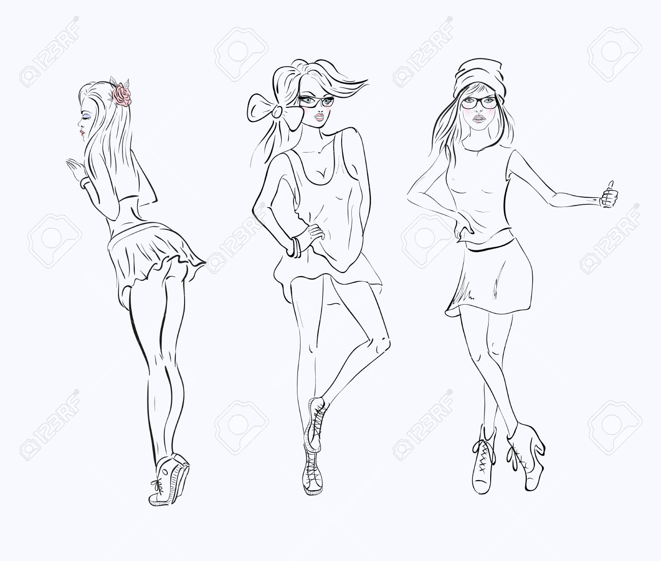 1300x1103 Sketch Drawing Girl In A Short Dress On White Background Royalty