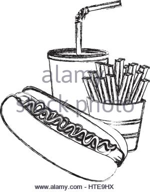 300x383 Monochrome Sketch Of Soda With Straw And French Fries Stock Vector