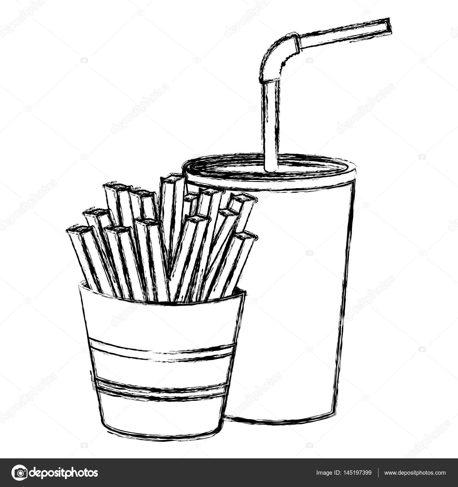 1600x1700 Monochrome Sketch Of Soda With Straw And French Fries Stock