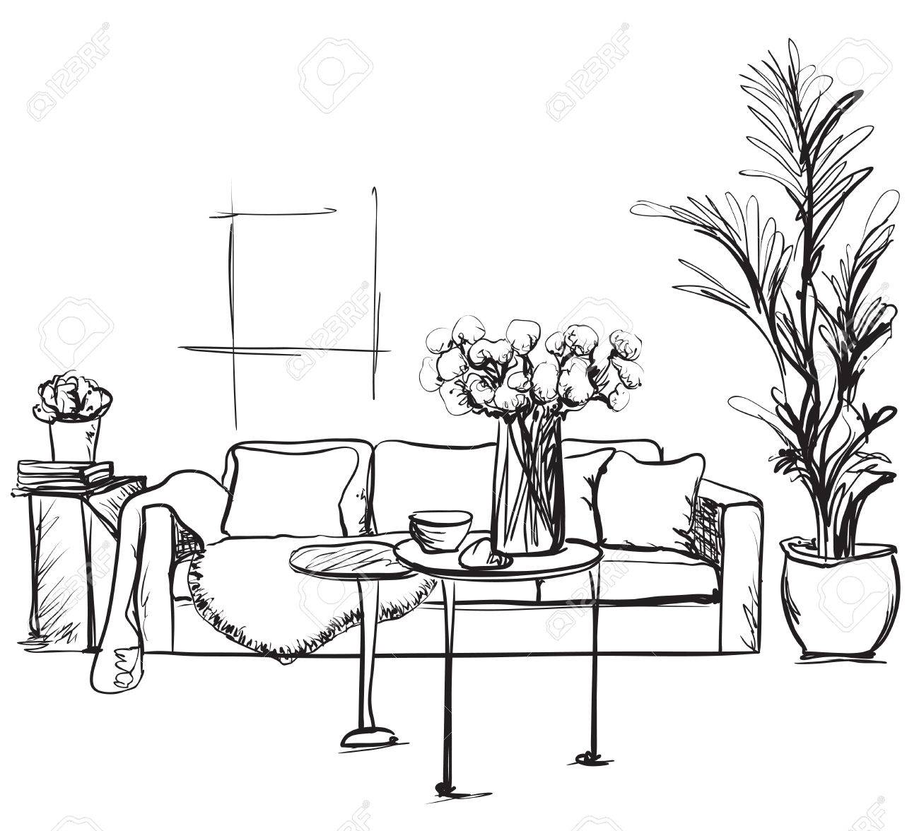 1300x1176 Hand Drawn Room Interior Sketch. Chair, Sofa And Other Furniture