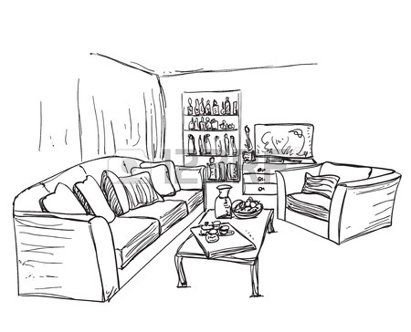 450x364 Hand Drawn Room Interior Sketch. Sofa, Table And Other Furniture