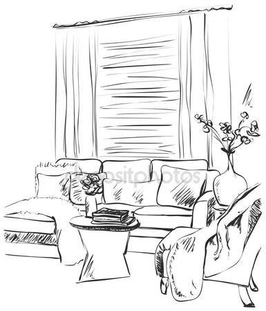 385x449 Hand Drawn Room Interior. Sofa And Table. Books Stock Vector