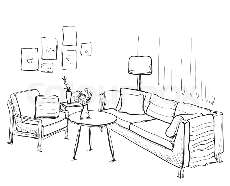 800x647 Room Interior Sketch. Hand Drawn Sofa And Bookshelves. Stock